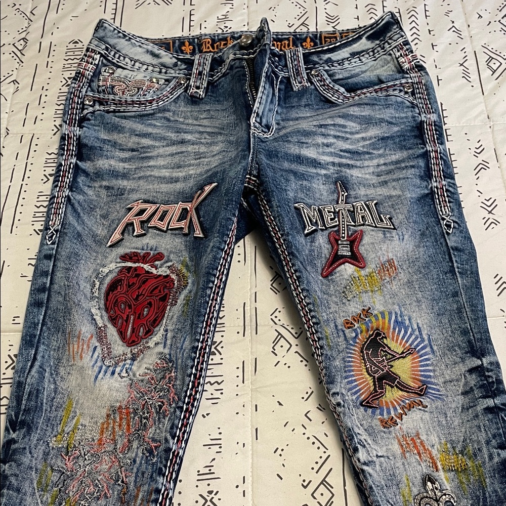 Rock Revival Blue Skinny Jeans with Red and Yellow Accents
